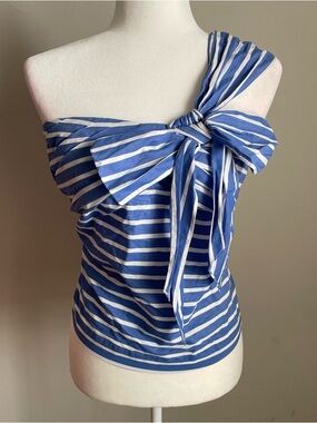 J. Crew Blue and White One Shoulder Striped Top with Bow Detail